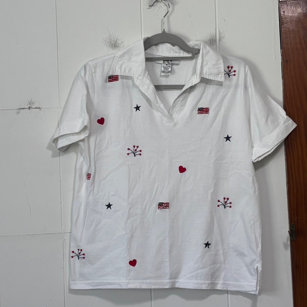 KIKIT USA White Cotton Americana Embroidered Beaded Polo Shirt Small